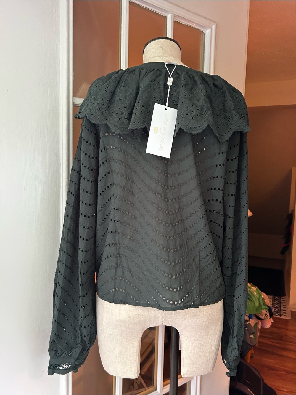 Caroline Constas Dark Green Eyelet Ruffled Cape Collar Blouse. Large. - Picture 3 of 9